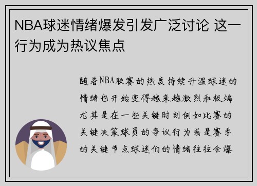 NBA球迷情绪爆发引发广泛讨论 这一行为成为热议焦点