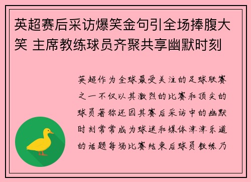 英超赛后采访爆笑金句引全场捧腹大笑 主席教练球员齐聚共享幽默时刻 英超赛后采访爆笑金句引全场捧腹大笑 主席教练球员齐聚共享幽默时刻